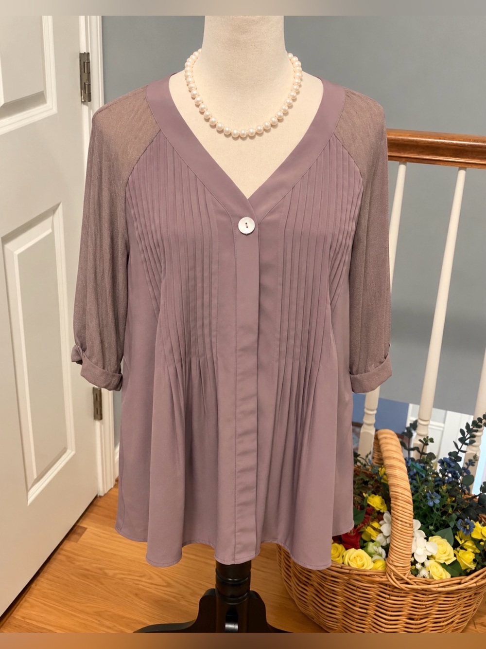Women's tan V-Neck Pleated Button Front Top. Size medium dusty mauve
